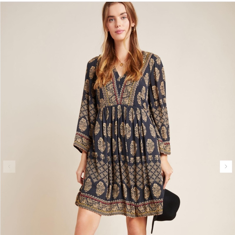 MAEVE Dress M Avalon Black Print BOHO long sleeve LINED V-neck Anthropologie